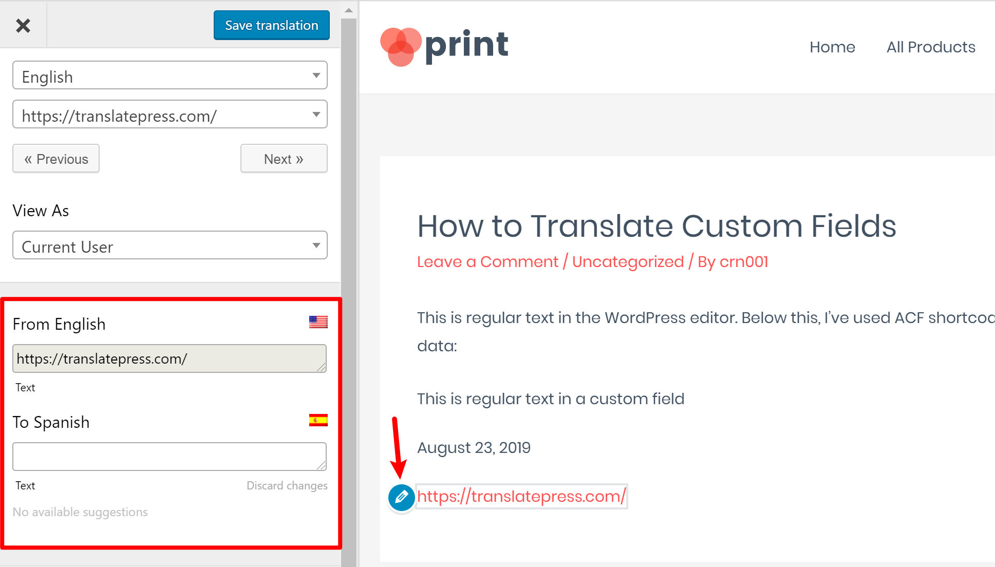 Translating a URL custom field