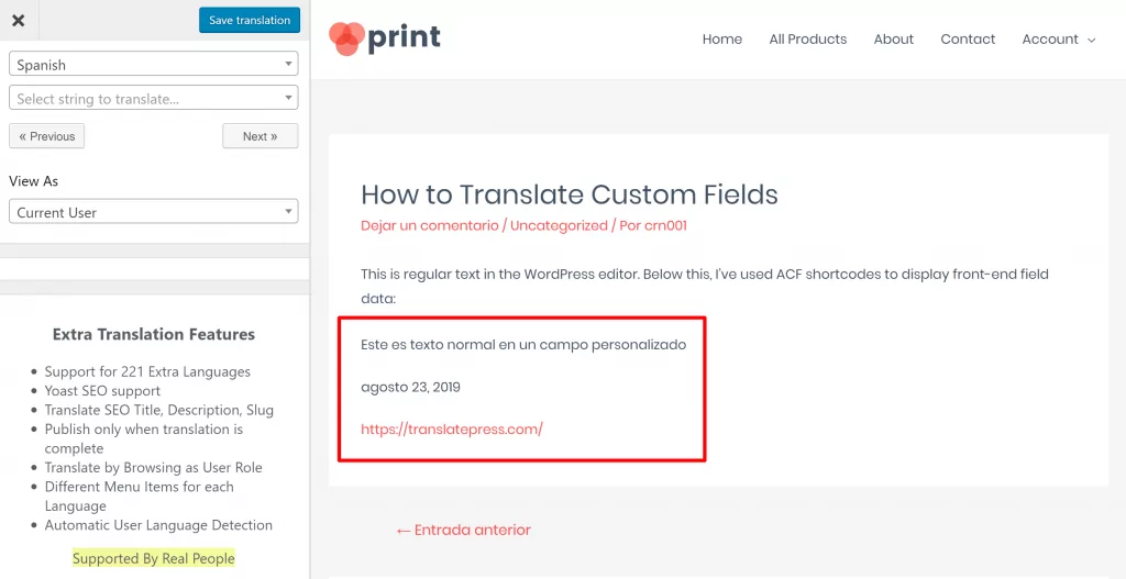 Example of translated custom fields from ACF