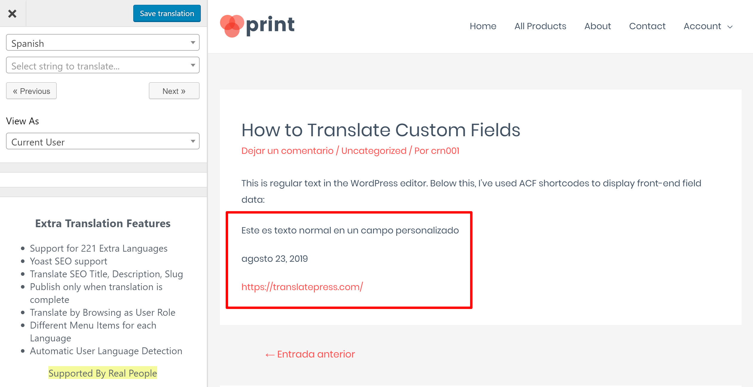 Example of translated custom fields from ACF