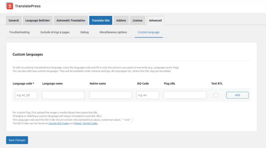 Custom Language section From TranslatePress settings Advanced tab