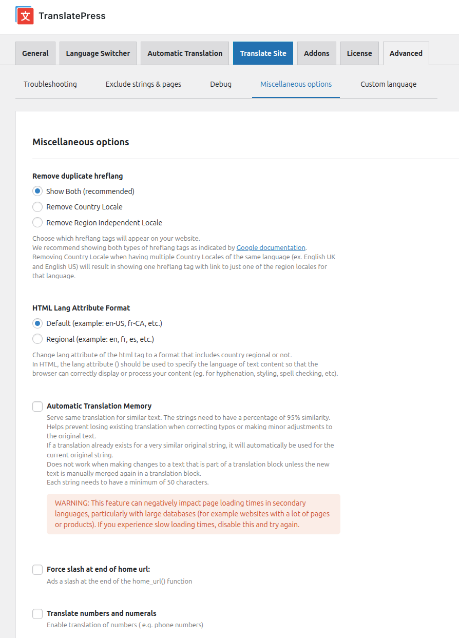 Miscellaneous section from TranslatePress settings Advanced tab (part1)