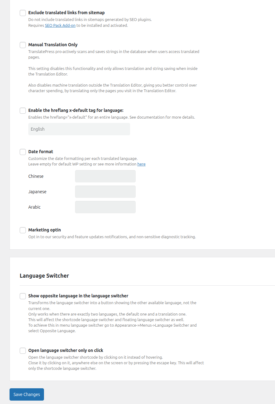 Miscellaneous section from TranslatePress settings Advanced tab (part2)