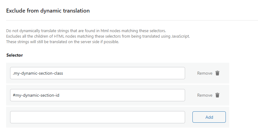 Exclude from dynamic translation section from Exclude strings & pages, Advanced tab