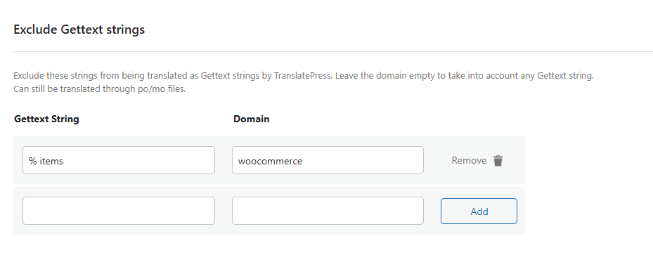 Exclude Gettext Strings section from Exclude strings & pages, Advanced tab