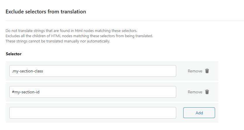 Exclude selectors from translation section from Exclude strings & pages, Advanced tab