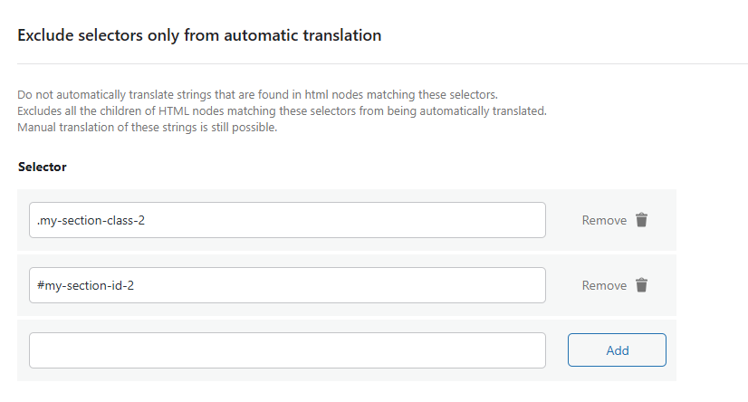 Exclude selectors only from automatic translation section from Exclude strings & pages, Advanced tab