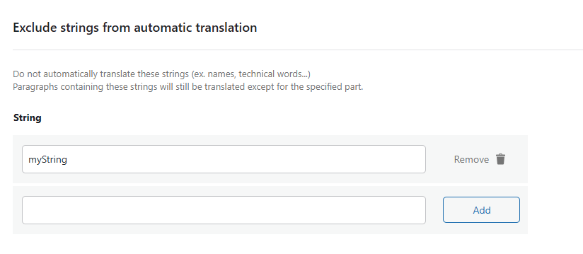 Exclude strings from automatic translation section from Exclude strings & pages, Advanced tab