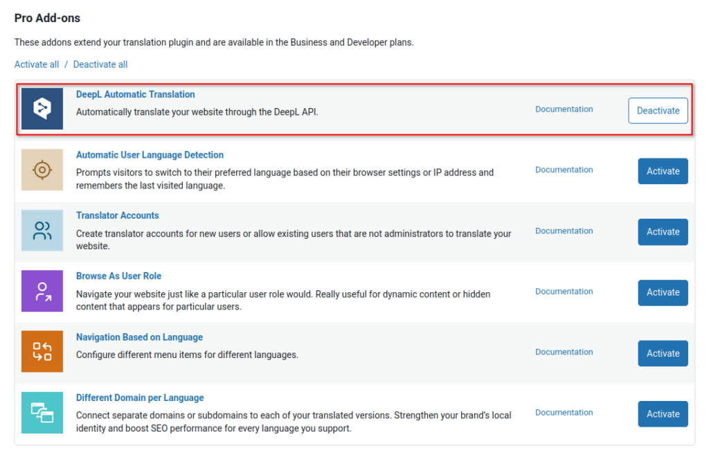 DeepL Automatic Translation Add-on activation
