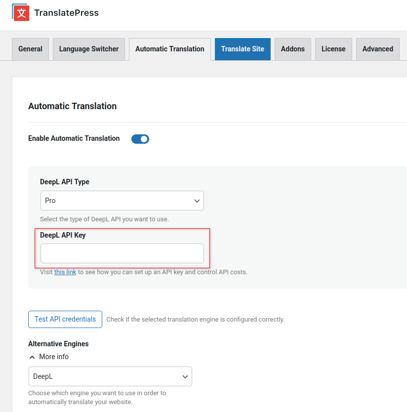 Paste DeepL API key in TranslatePress Settings