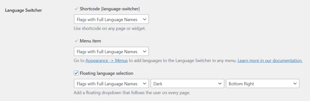 Language switching options in TranslatePress