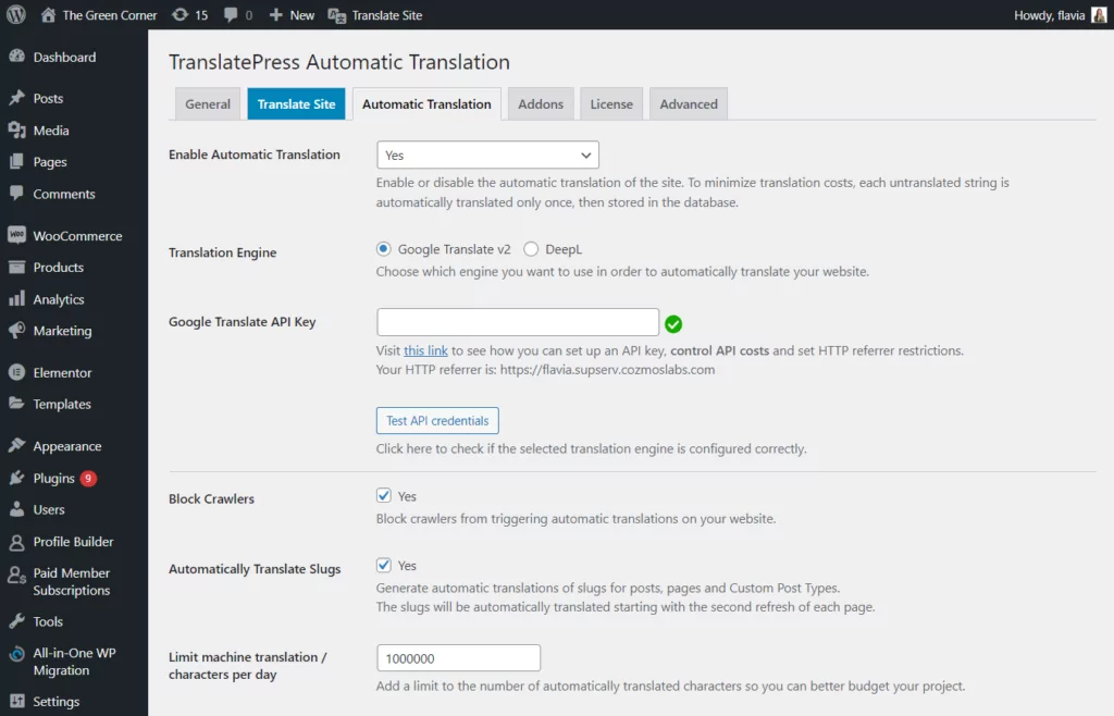 TranslatePress automatic translation settings