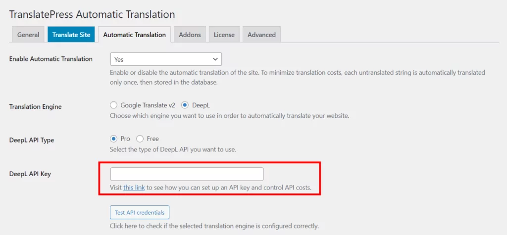 Paste DeepL API key in TranslatePress settings