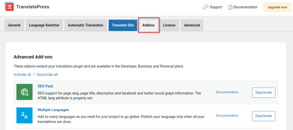 TranslatePress Settings Add-ons tab