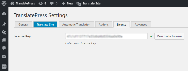 TranslatePress enter plugin license
