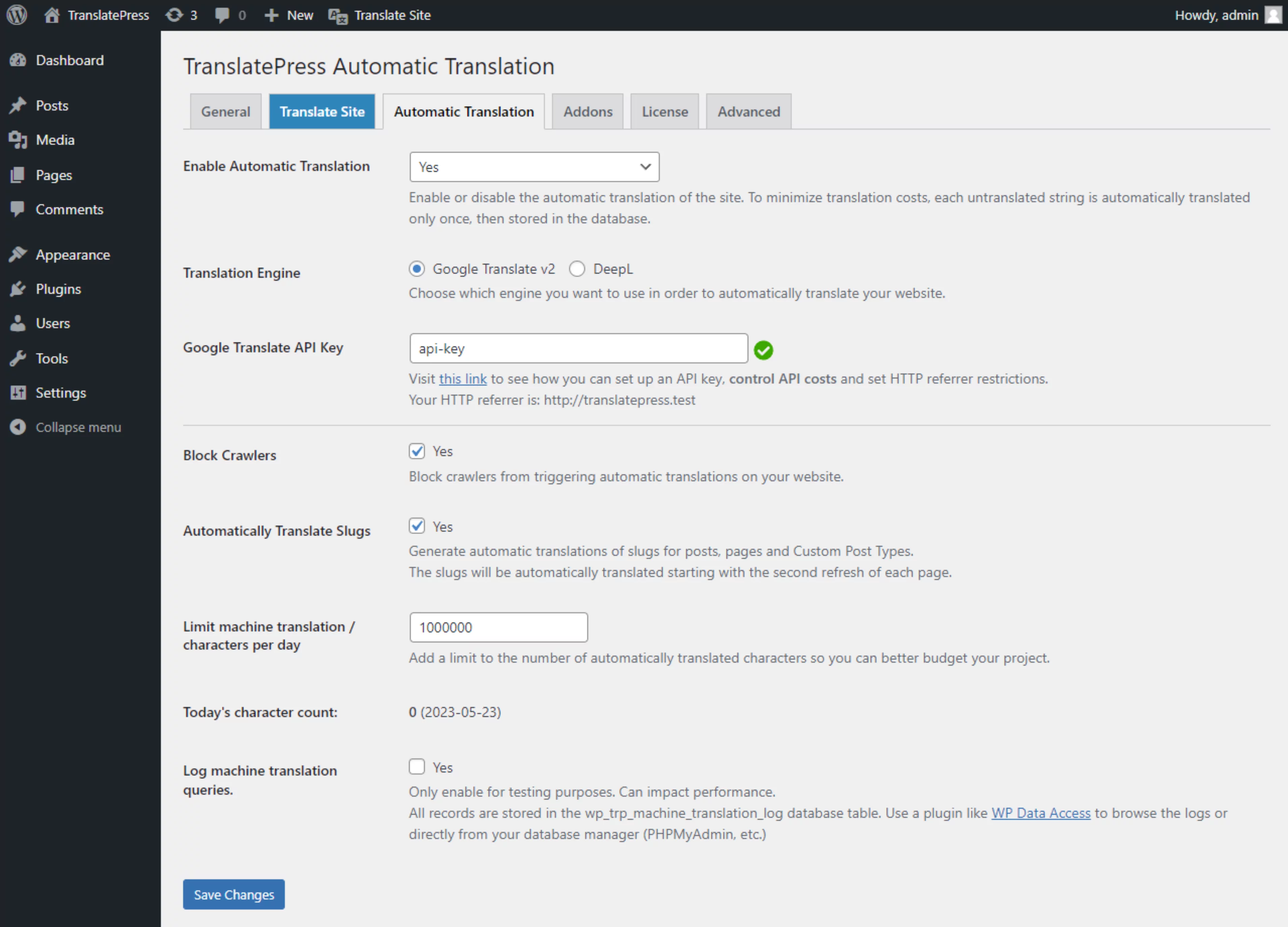 The Automatic Translation tab from TranslatePress