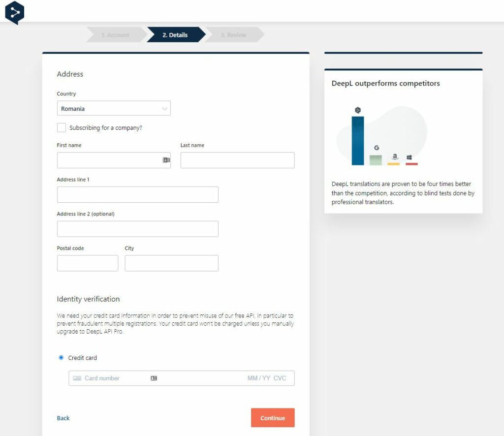 DeepL account card details