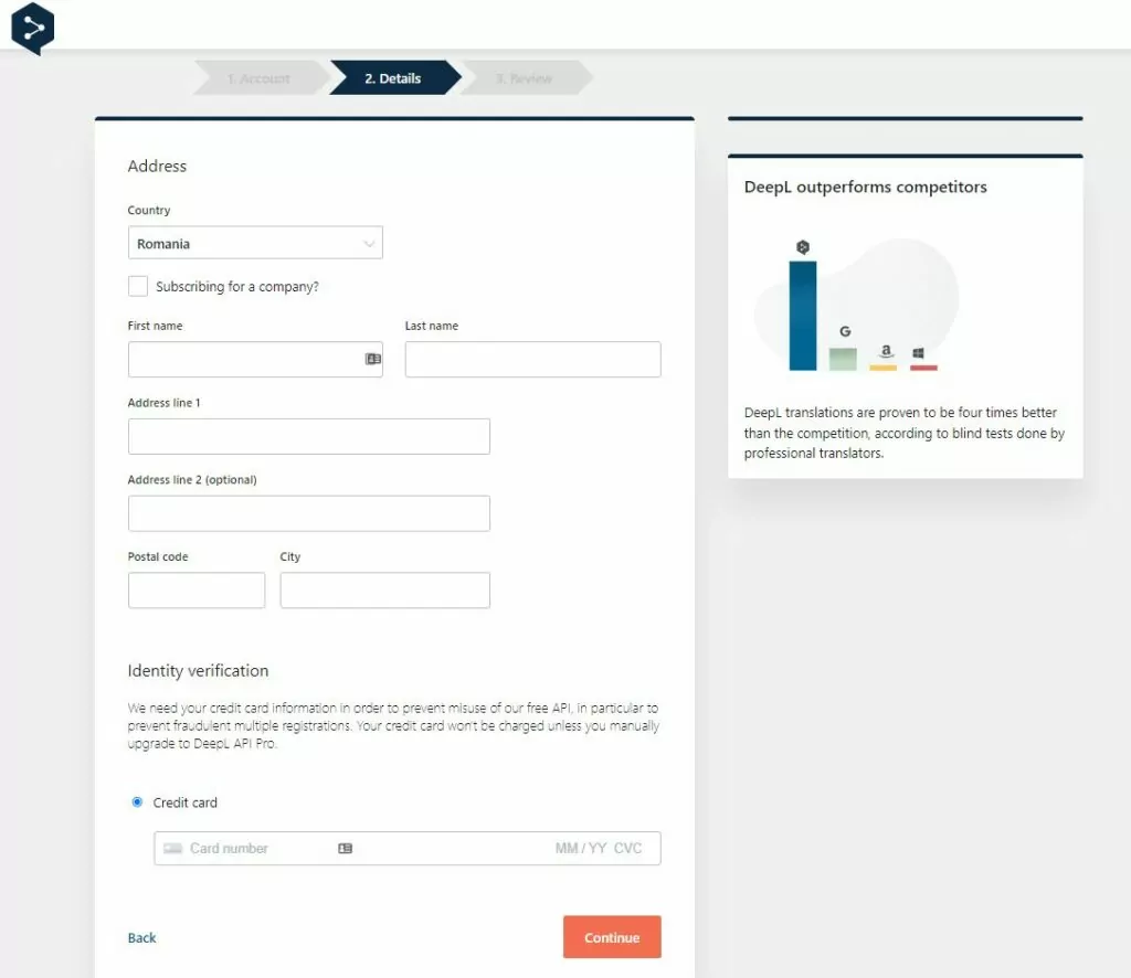 DeepL account card details