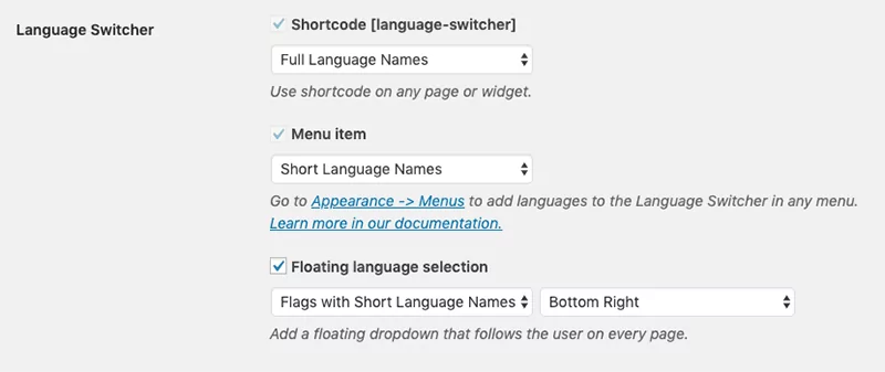 Language switching options in TranslatePress