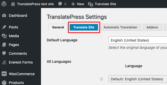 Translate site option in TranslatePress