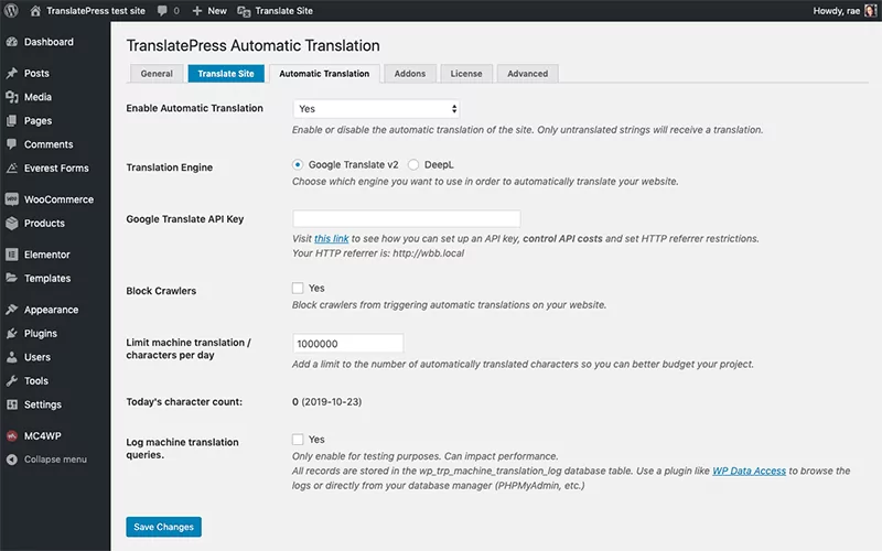 TranslatePress automatic translation settings