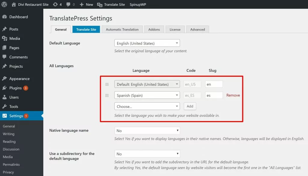 Choose translation languages in TranslatePress plugin