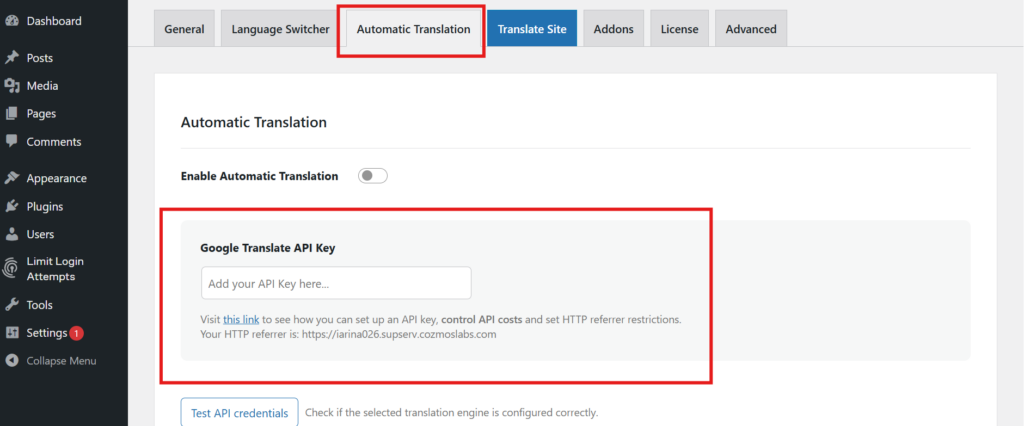 Automatic translation feature in TranslatePress with Google Translate