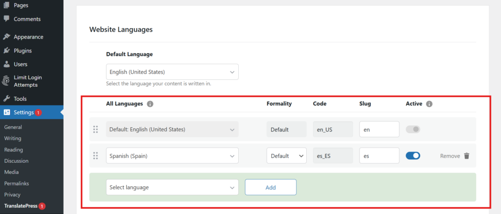 Choose translation languages in TranslatePress plugin