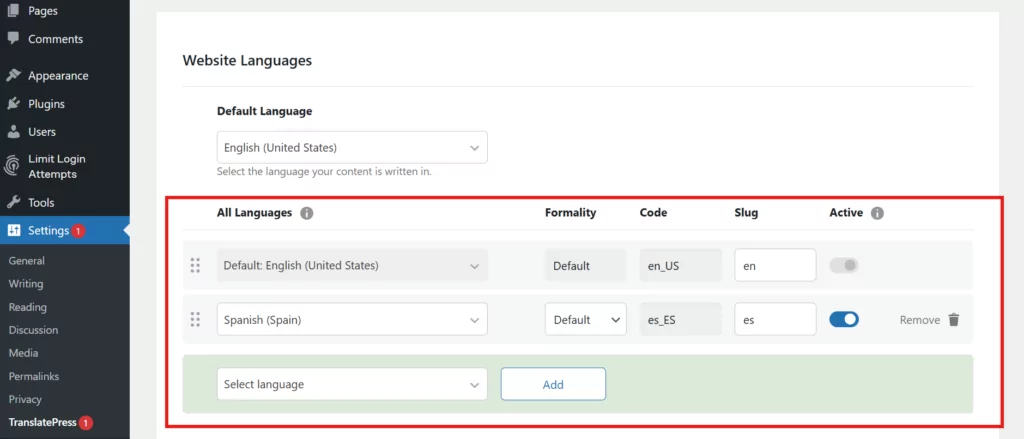 Choose translation languages in TranslatePress plugin
