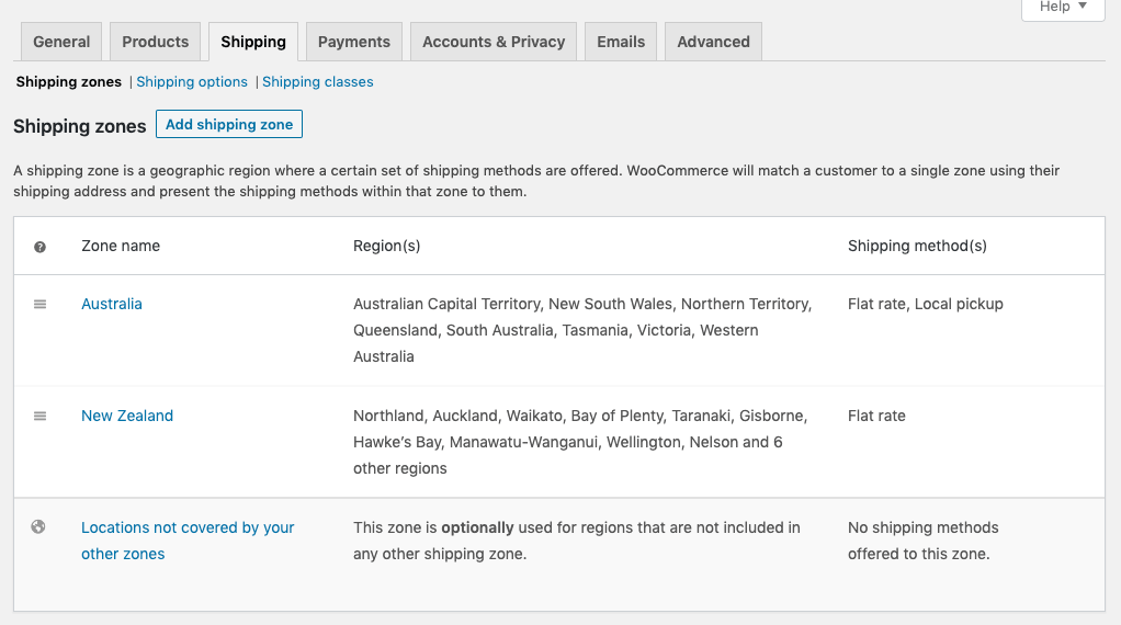 WooCommerce shipping zones