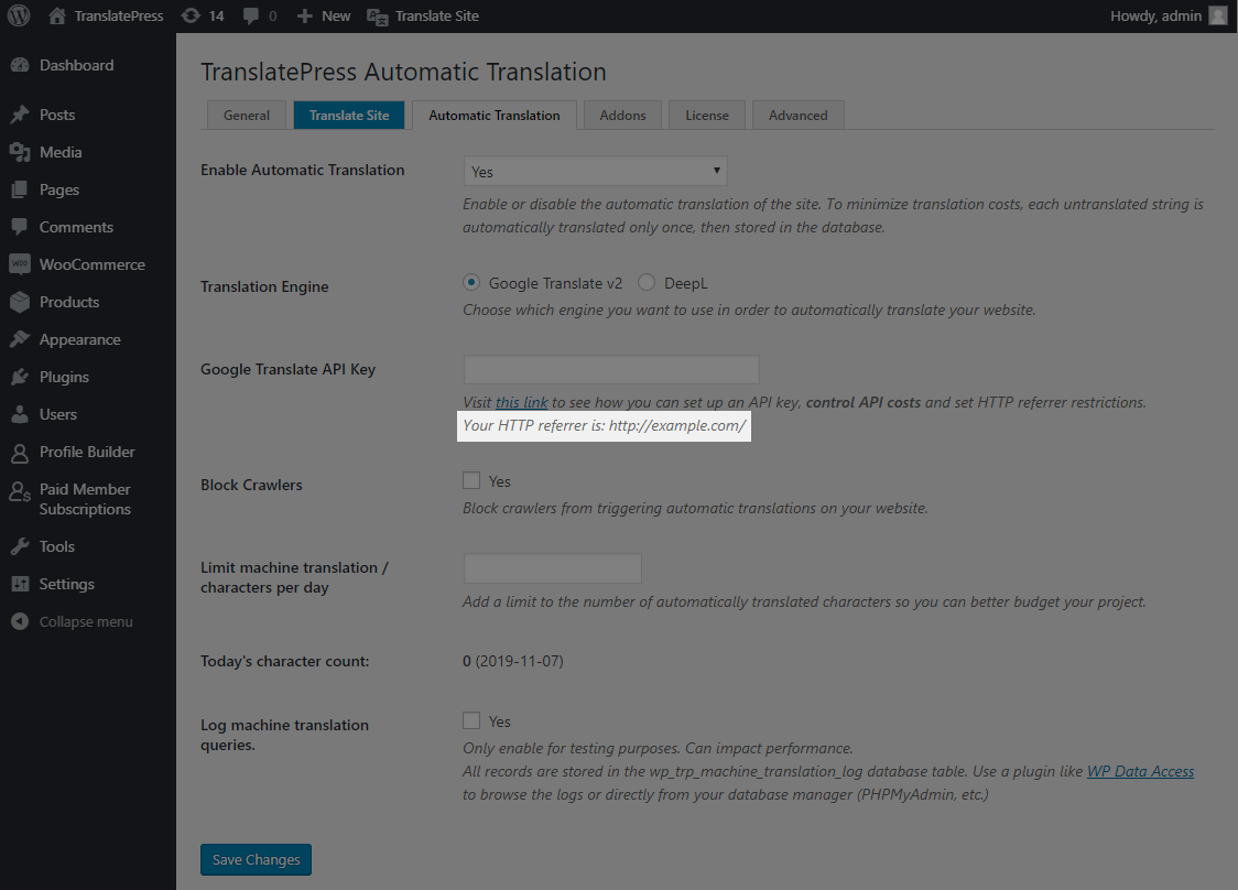 TranslatePress HTTP Referrer for Google Translate API