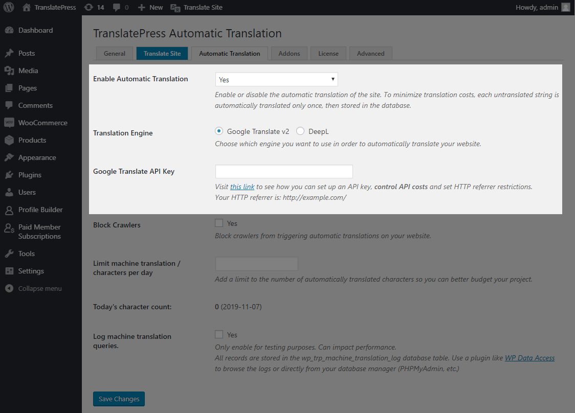 Adding Google API Key in TranslatePress Automatic Translation settings