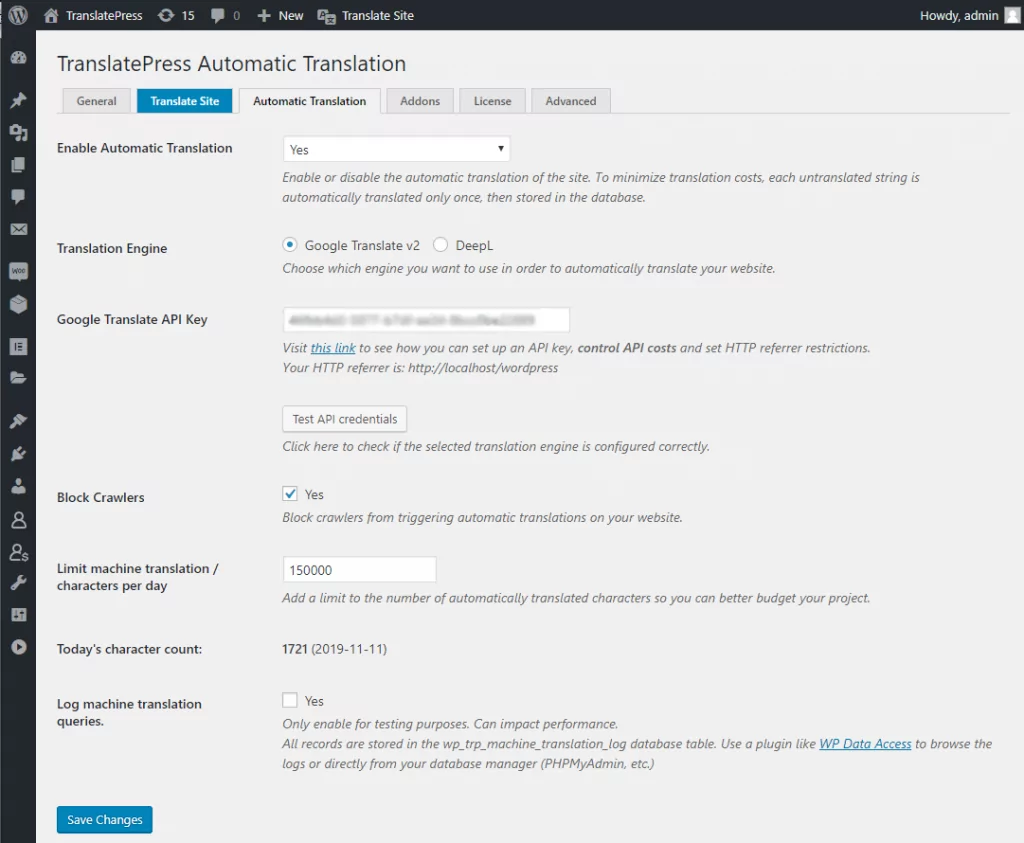 Automatic Translation settings in TranslatePress