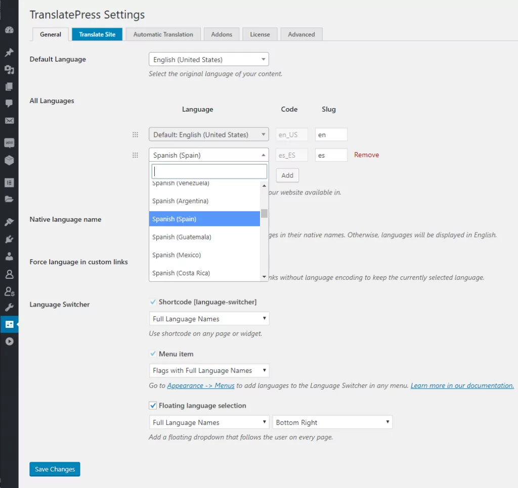 TranslatePress Settings - Choose translation languages