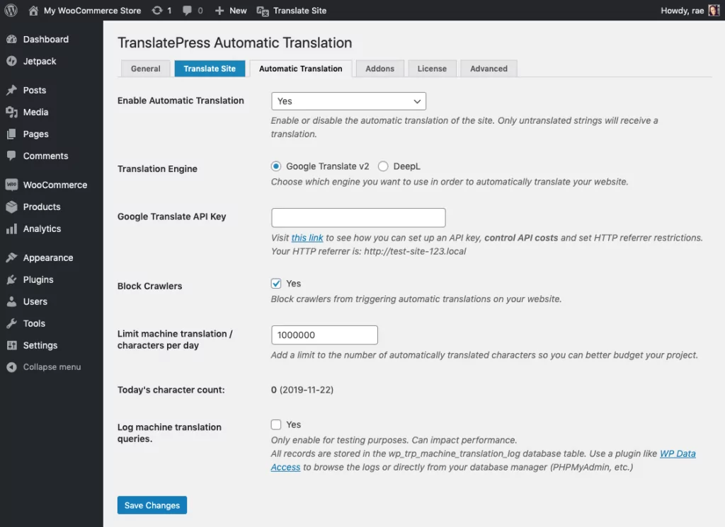 Automatic translations using TranslatePress