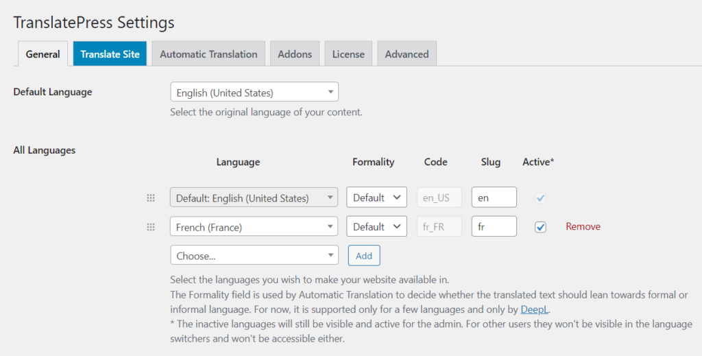 Adding languages to TranslatePress