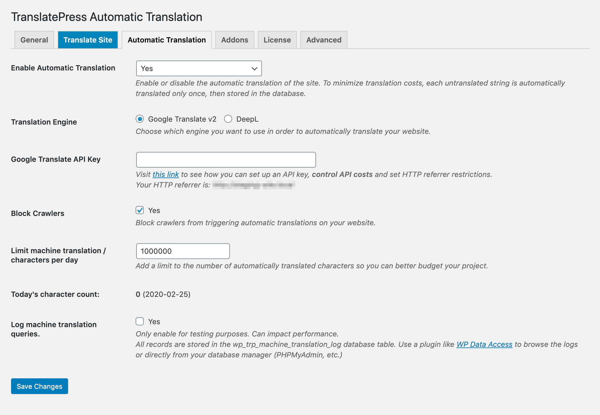 TranslatePress' automatic translation settings.