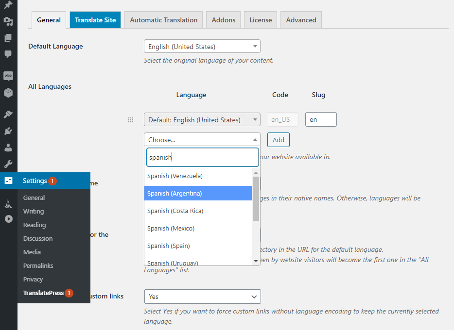 Configuring TranslatePress' settings.