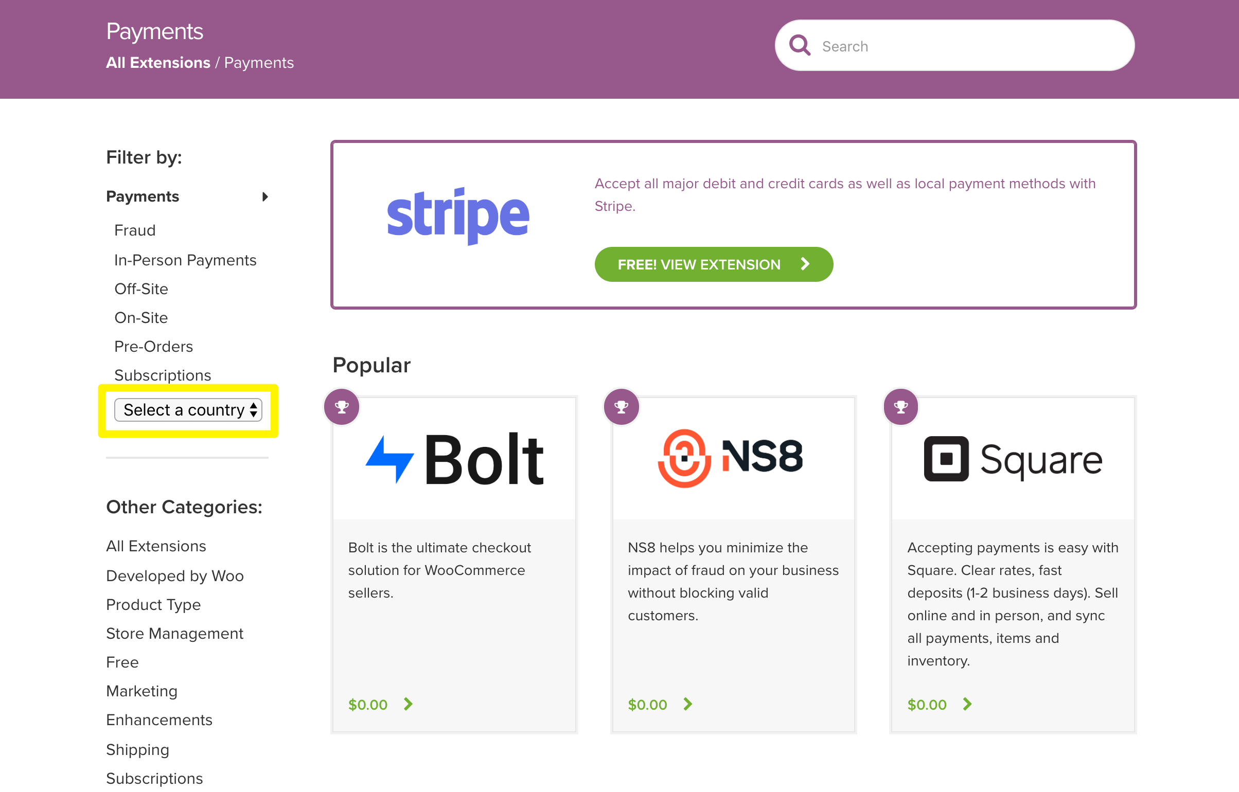 The country search feature for payment gateways in the WooCommerce extensions marketplace.