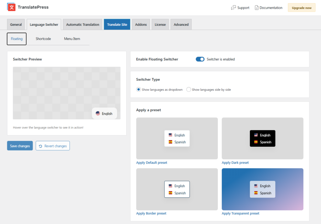 Floating language switcher settings