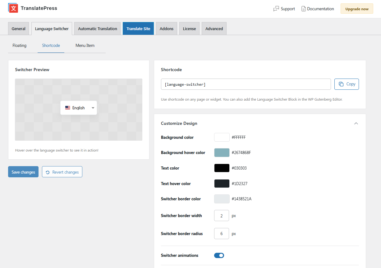 TranslatePress shortcode switcher settings