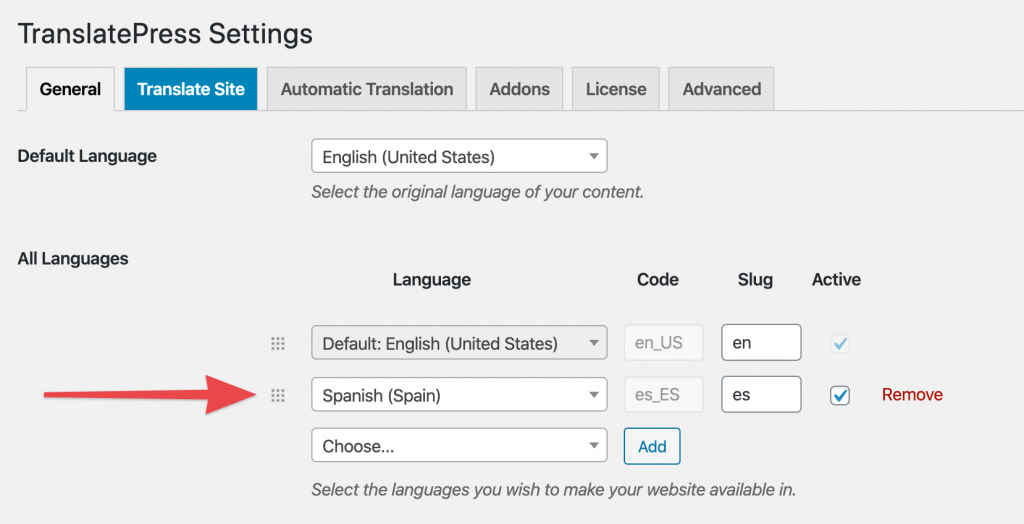 Add language to TranslatePress