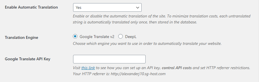 Enabling automatic translation in TranslatePress.