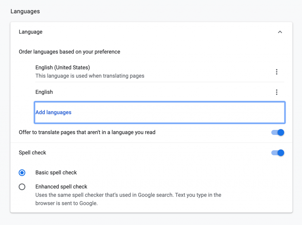 Google Chrome's language settings.