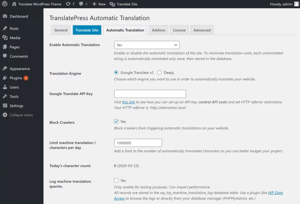 Automatic translation settings