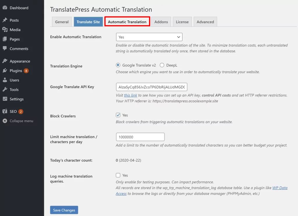 How to configure the automatic translation of WordPress from Google Translate