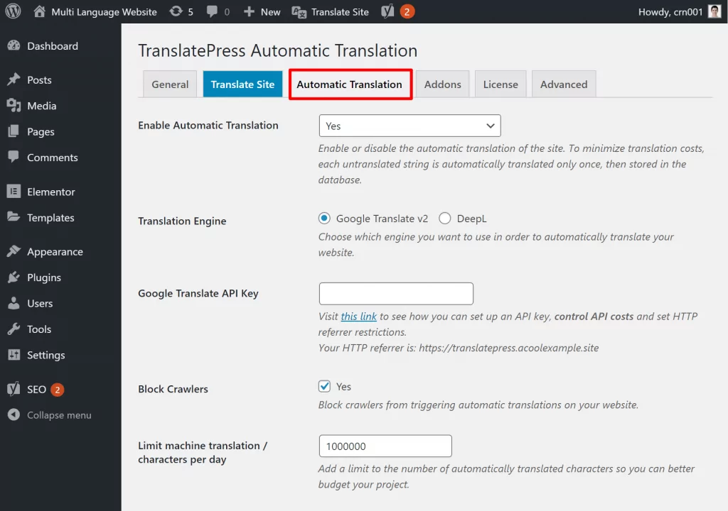 TranslatePress automatic translation