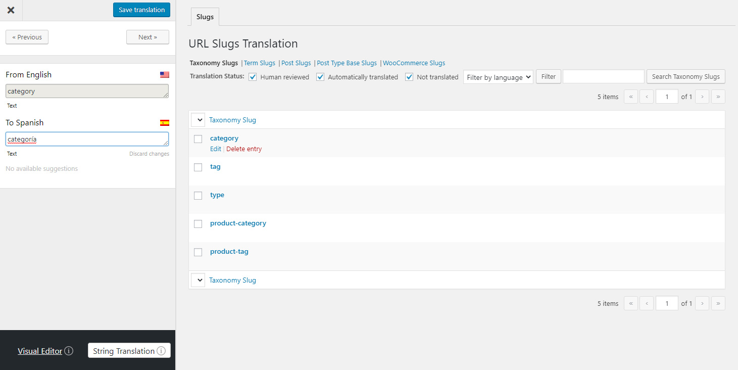 Translate taxonomy slugs using TranslatePress