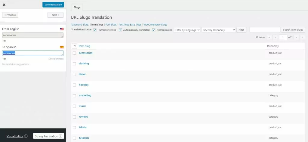 Translate WordPress term slugs