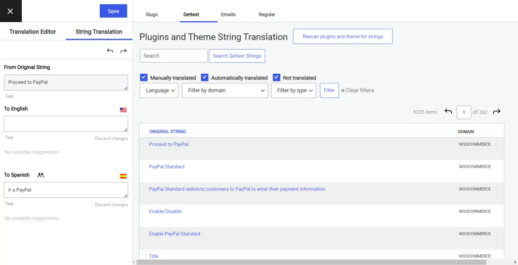 TranslatePress's Gettext tab in the String Translator