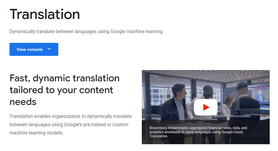 Google Cloud Translation homepage.